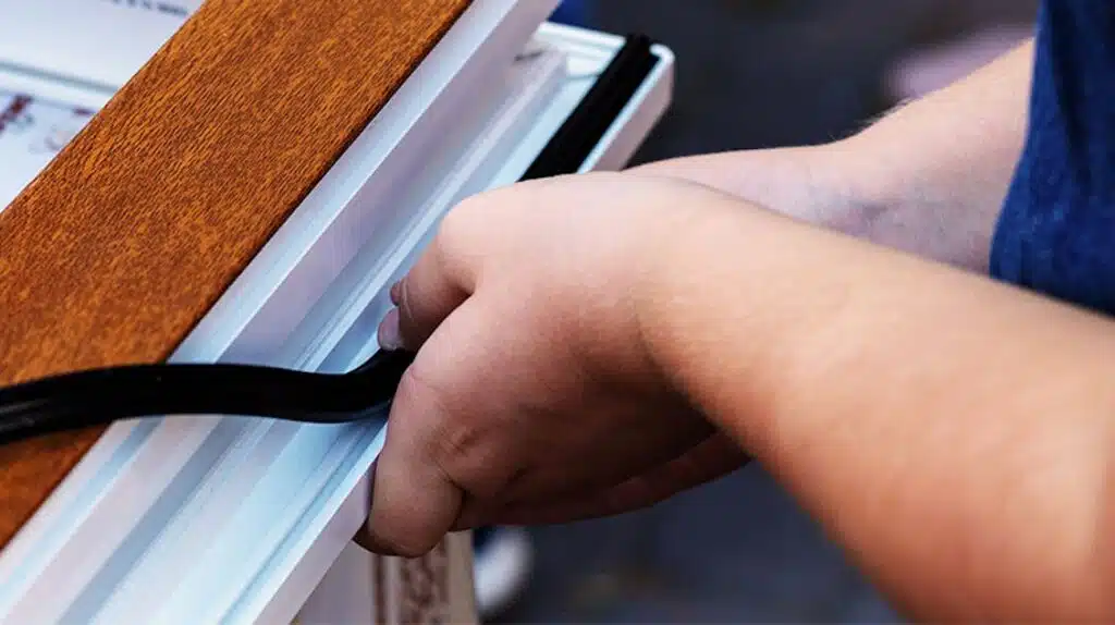 Person installing of weatherstripping 