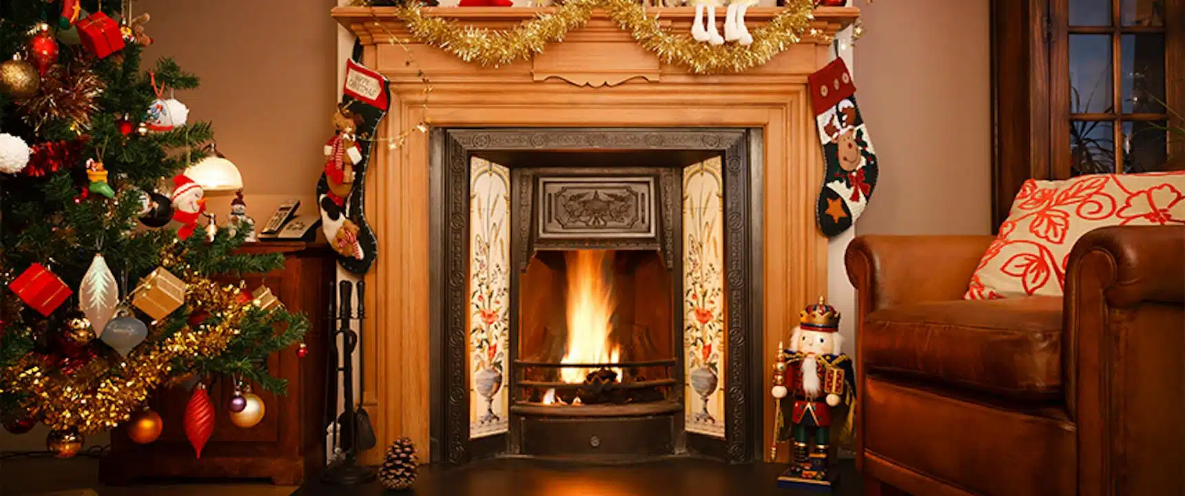 decorated fireplace for christmas. Cleaning dirty chimney
