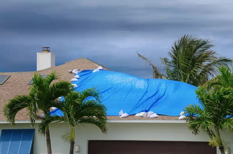 topview of roof of a commercial building with roof tarping 