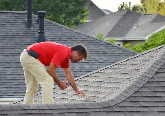 Man in red polo inspecting roof