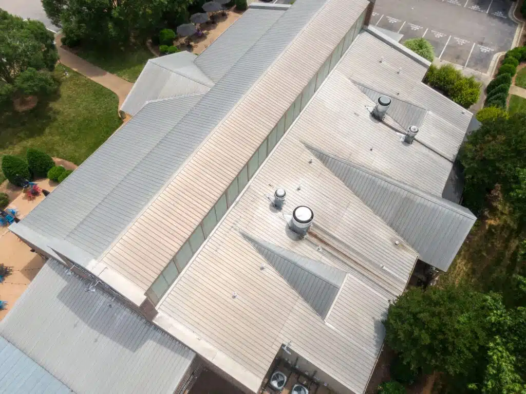 An aerial view of a roof building
