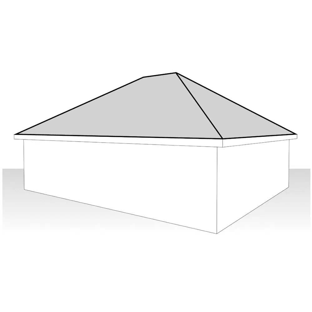3D line drawing illustration of a standard hip roof design with four sloping sides