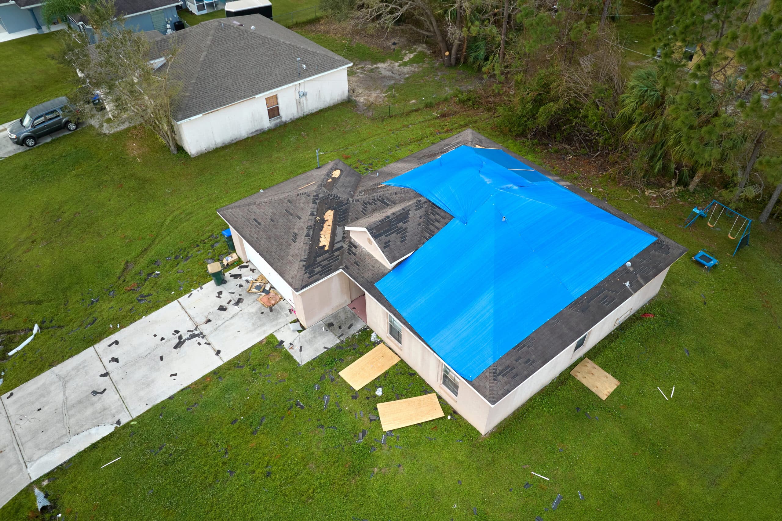 Storm Guard roof tarping services aerial view
