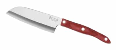 Santoku-style kitchen knife with stainless steel blade and red handle