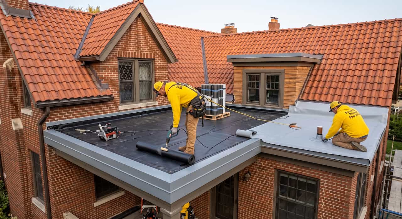 A roofing contractor installing a Flat Rear Porch and Dormer Roofs for 1950s house