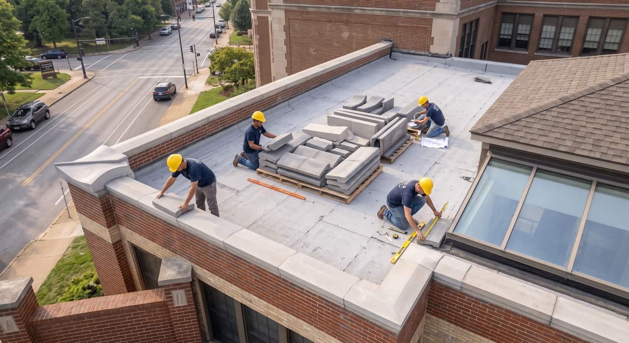 A roofing contractor installing a Parapets and Coping for warly 90s building