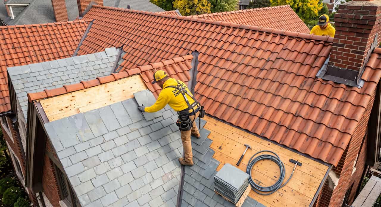 A roofing contractor installing slate and tile roofing on a home built in the early 1950