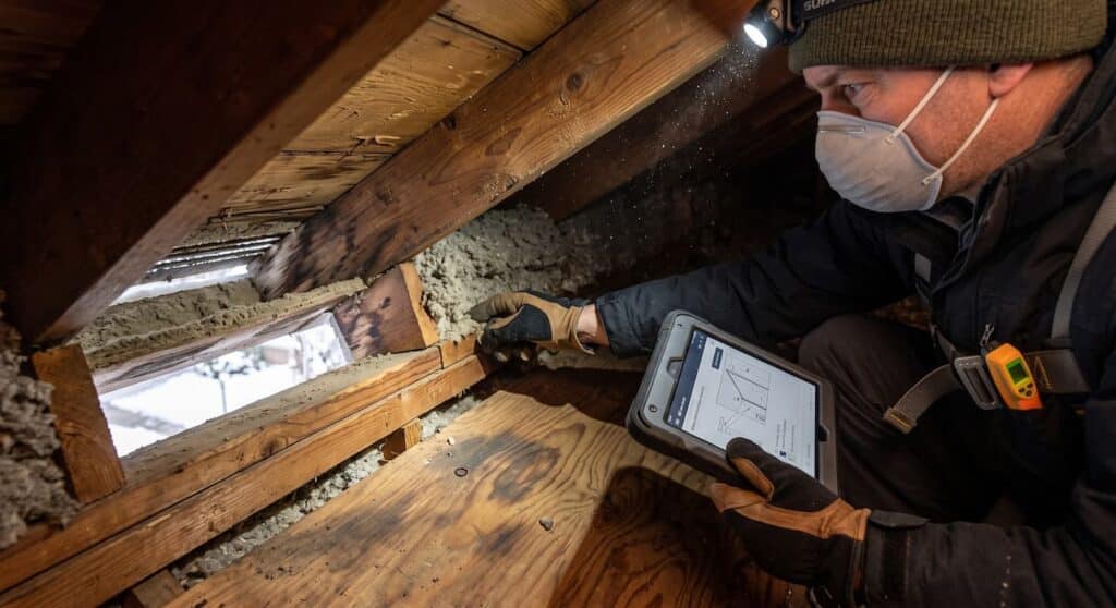 Inspector checking attic ventilation and insulation with a tablet during a summer home maintenance check